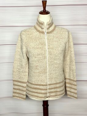 Hubert Gasser Italy Zip Front Cardigan Cashmere Wool Blend Cream Mock Neck M
